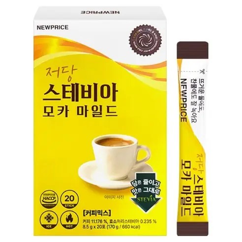 뉴프라이스 저당 스테비아 모카 마일드 커피믹스 제품 사진